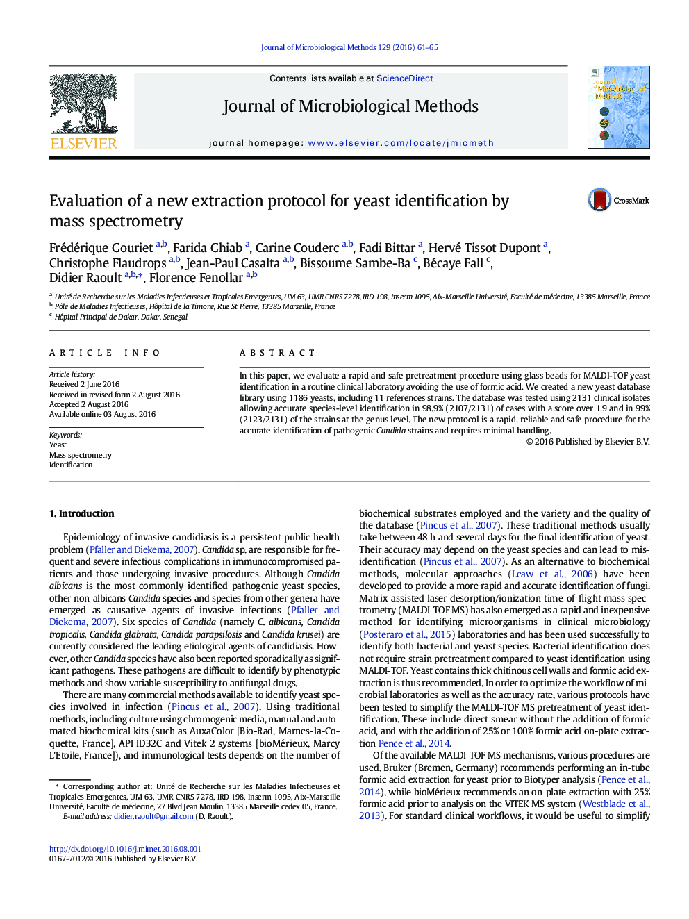 Evaluation of a new extraction protocol for yeast identification by mass spectrometry