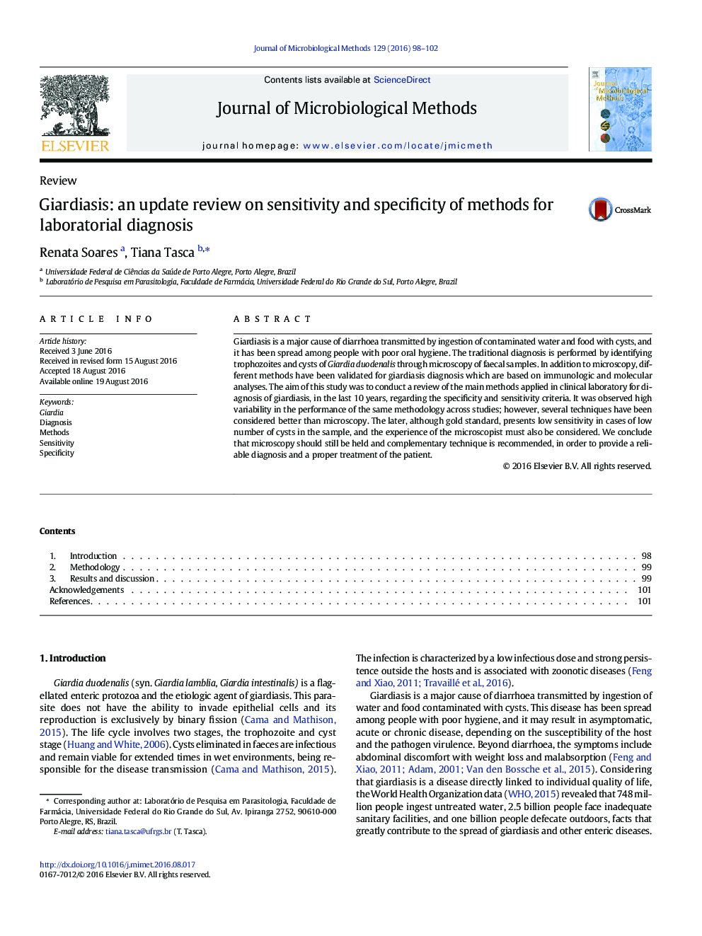 Giardiasis: an update review on sensitivity and specificity of methods for laboratorial diagnosis