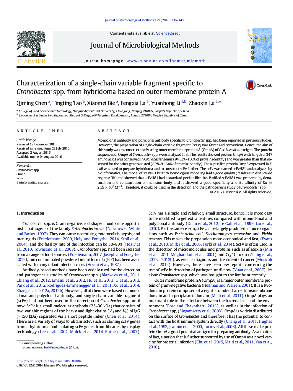 Characterization of a single-chain variable fragment specific to Cronobacter spp. from hybridoma based on outer membrane protein A