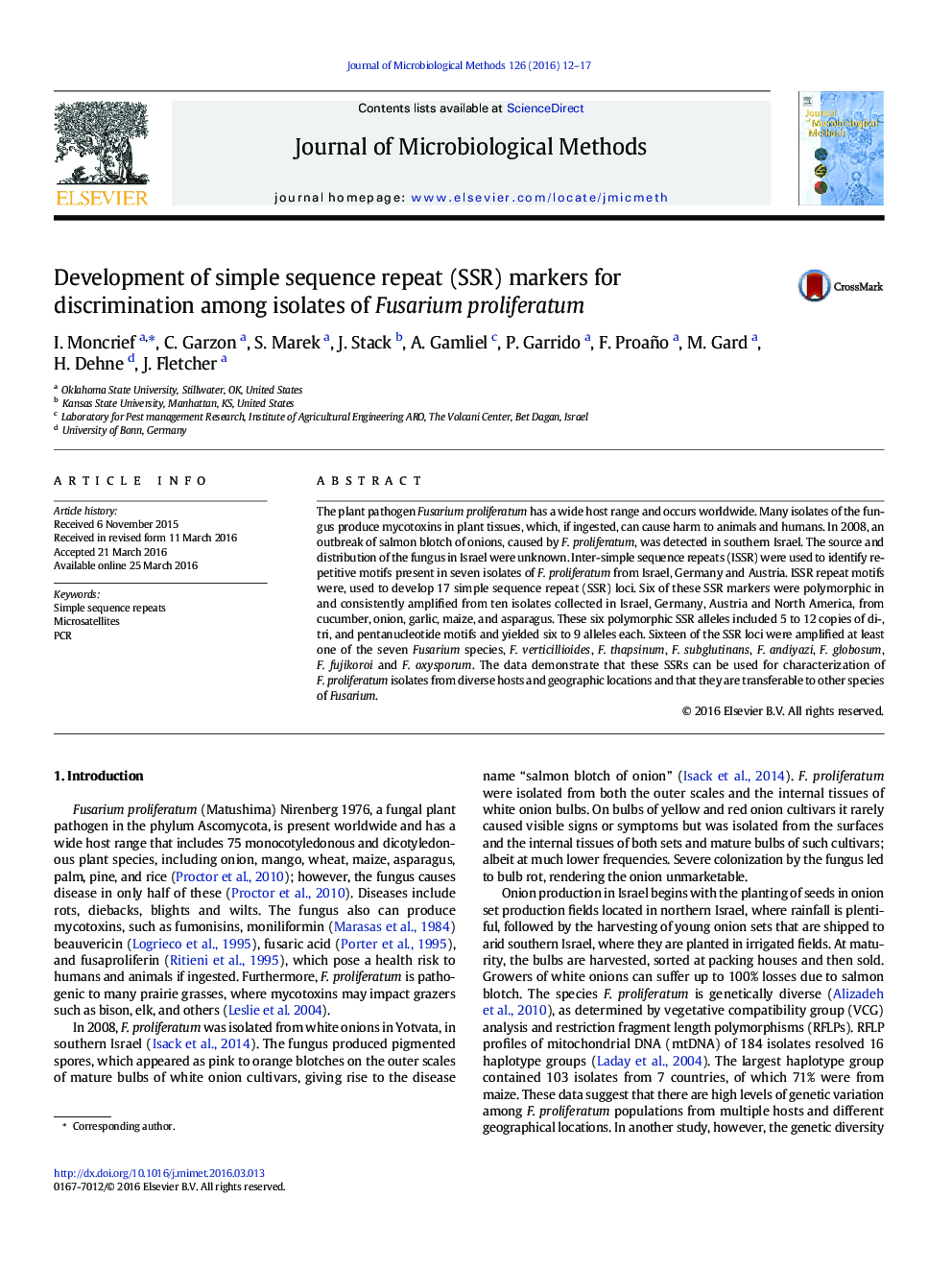 Development of simple sequence repeat (SSR) markers for discrimination among isolates of Fusarium proliferatum