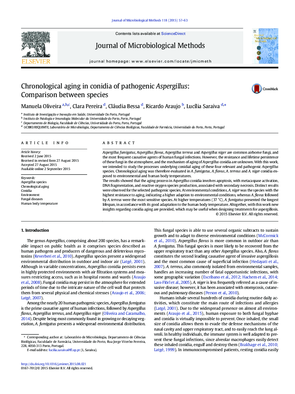 Chronological aging in conidia of pathogenic Aspergillus: Comparison between species