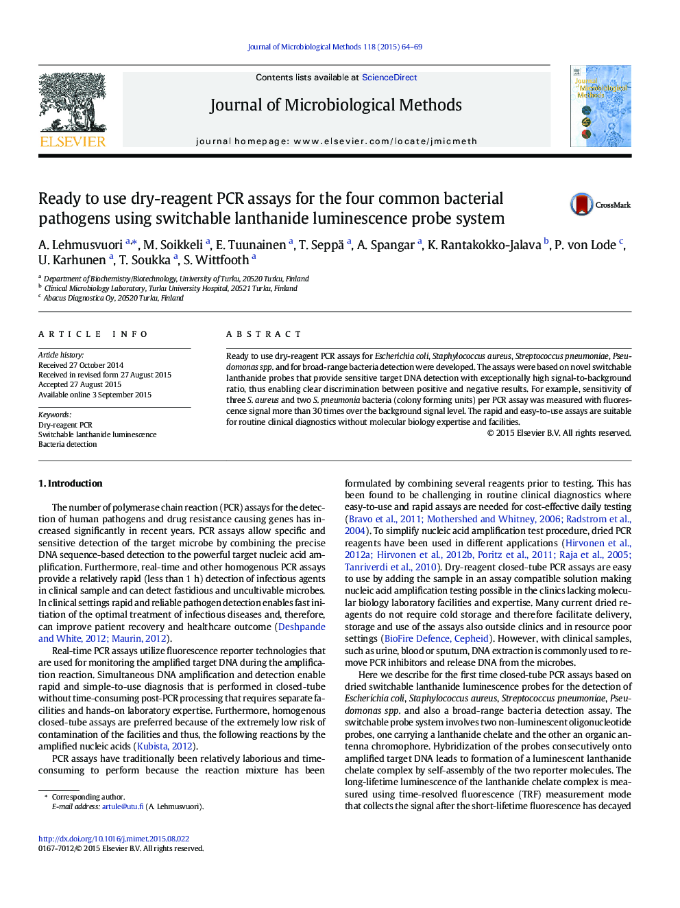 Ready to use dry-reagent PCR assays for the four common bacterial pathogens using switchable lanthanide luminescence probe system