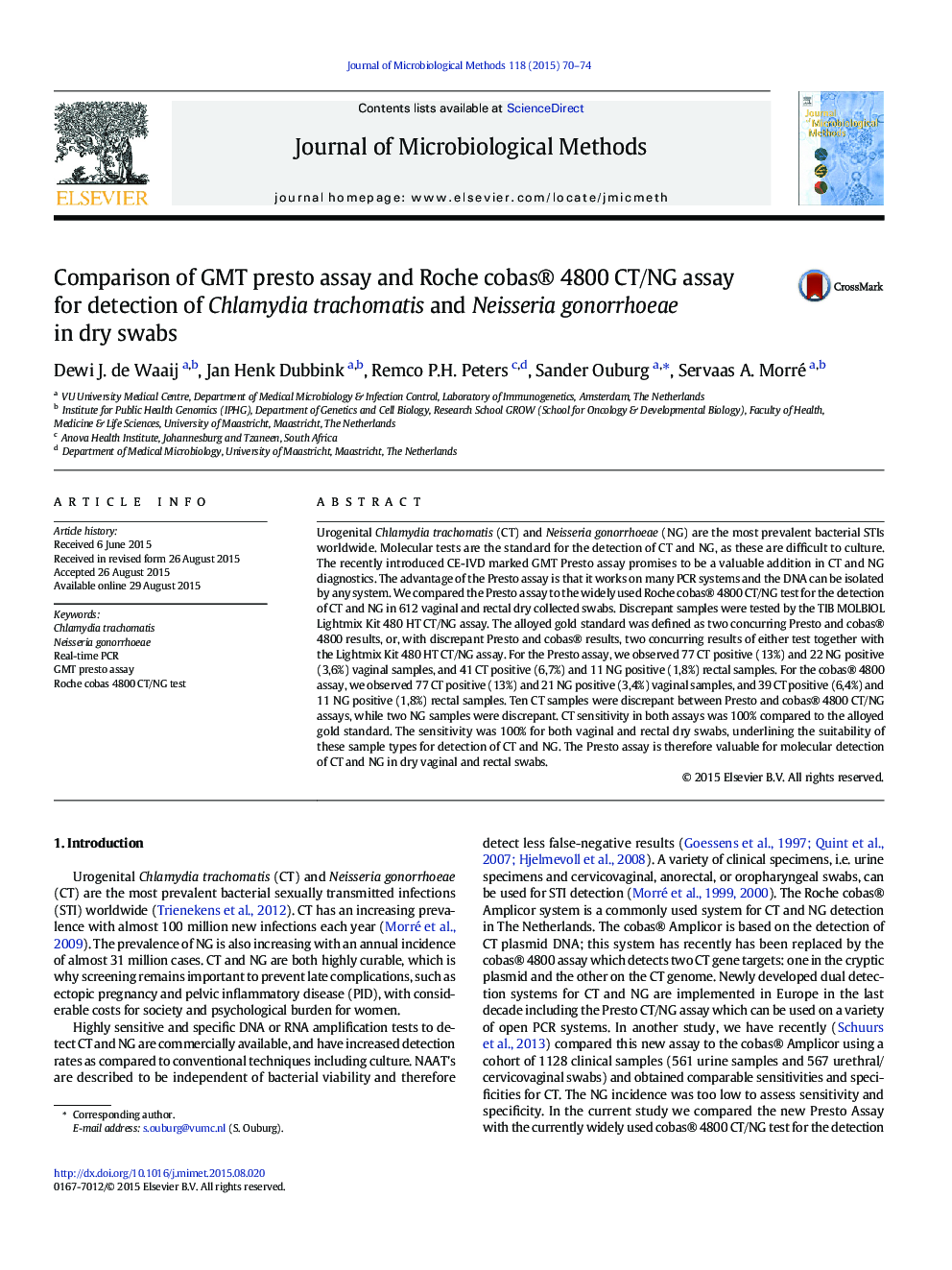 Comparison of GMT presto assay and Roche cobas® 4800 CT/NG assay for detection of Chlamydia trachomatis and Neisseria gonorrhoeae in dry swabs