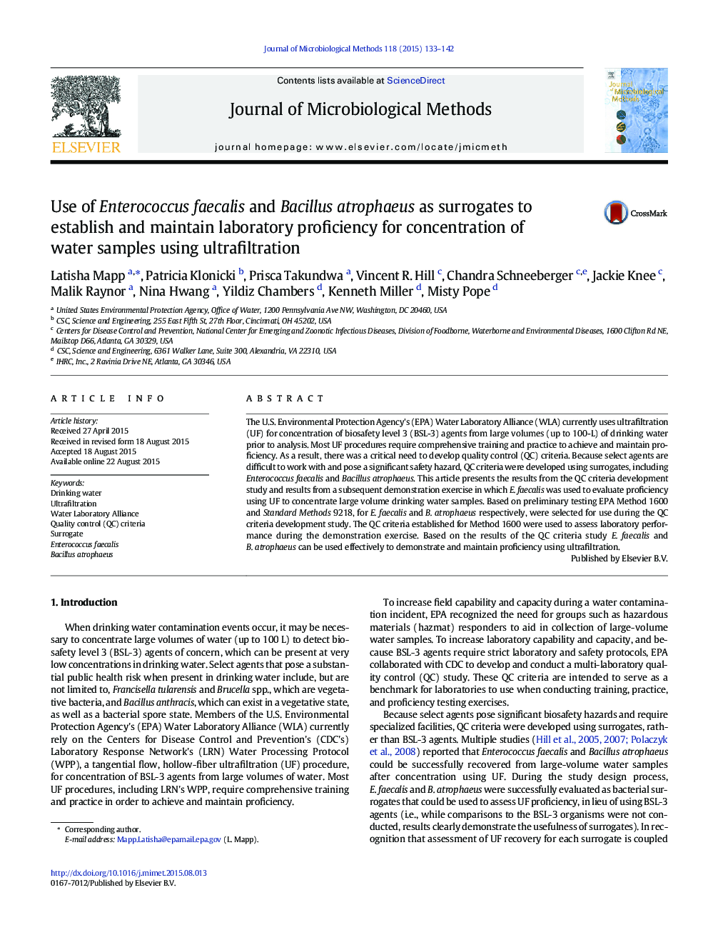 Use of Enterococcus faecalis and Bacillus atrophaeus as surrogates to establish and maintain laboratory proficiency for concentration of water samples using ultrafiltration