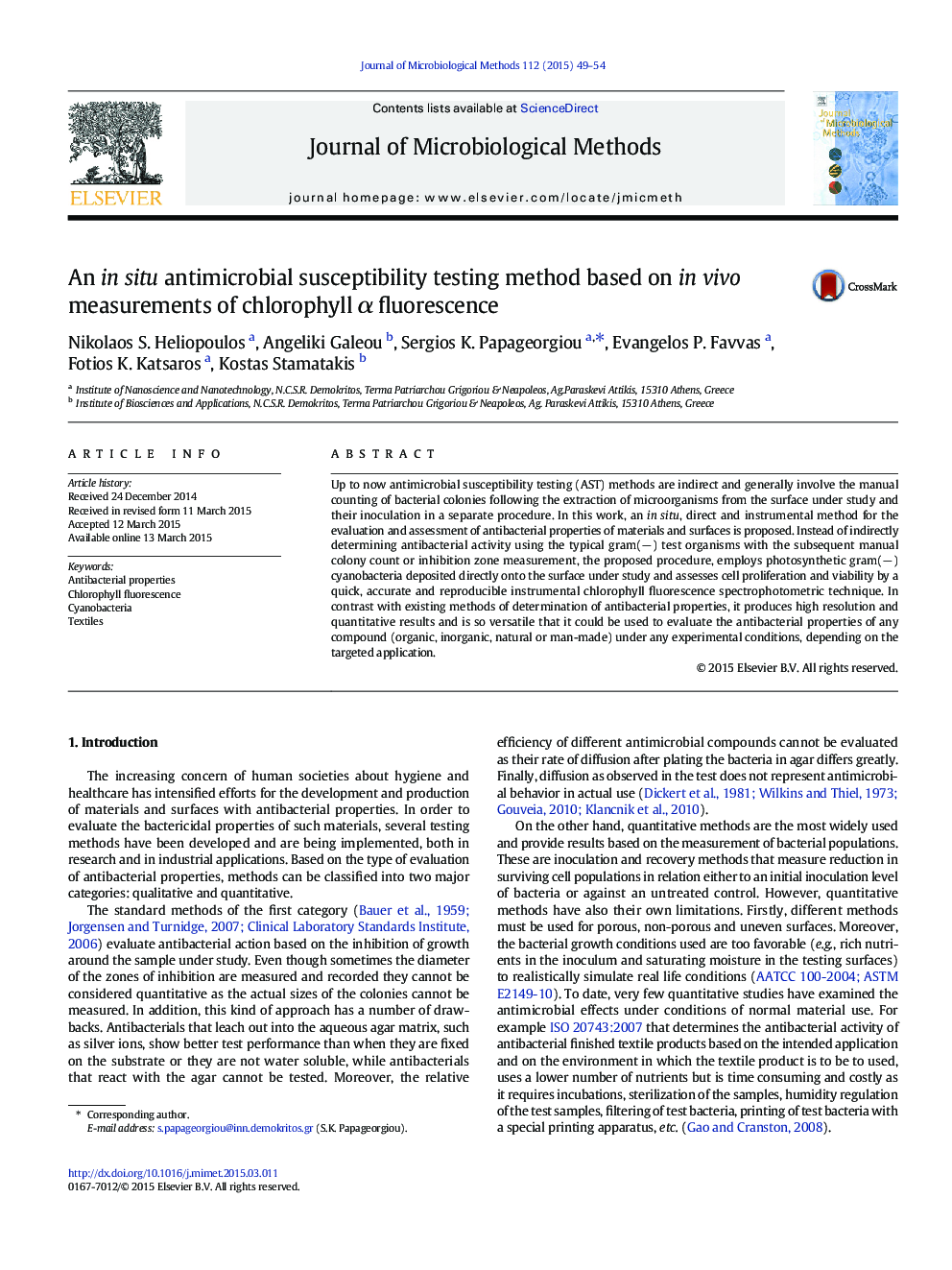 An in situ antimicrobial susceptibility testing method based on in vivo measurements of chlorophyll α fluorescence