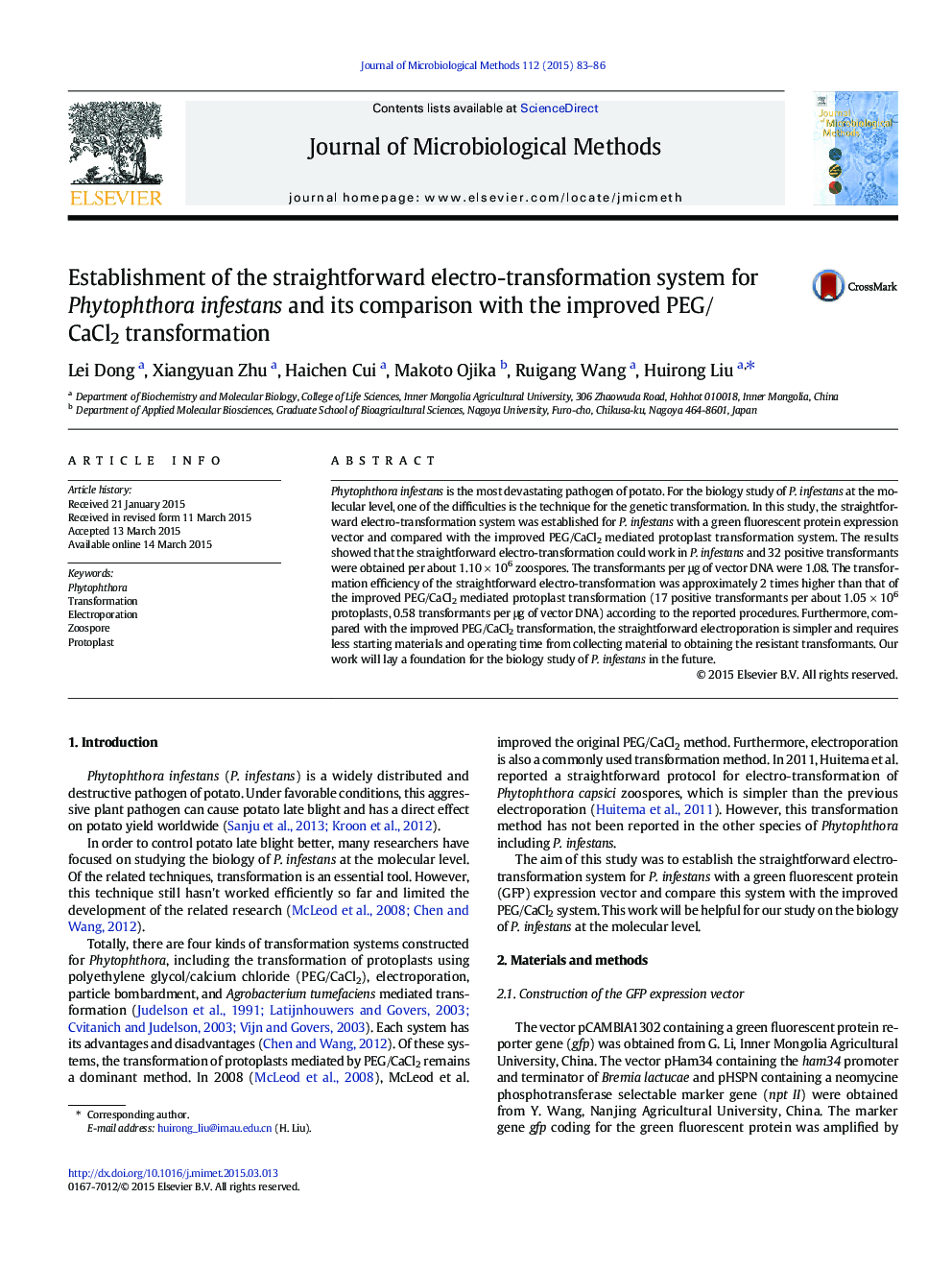 Establishment of the straightforward electro-transformation system for Phytophthora infestans and its comparison with the improved PEG/CaCl2 transformation