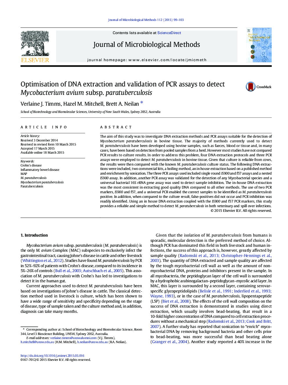 Optimisation of DNA extraction and validation of PCR assays to detect Mycobacterium avium subsp. paratuberculosis