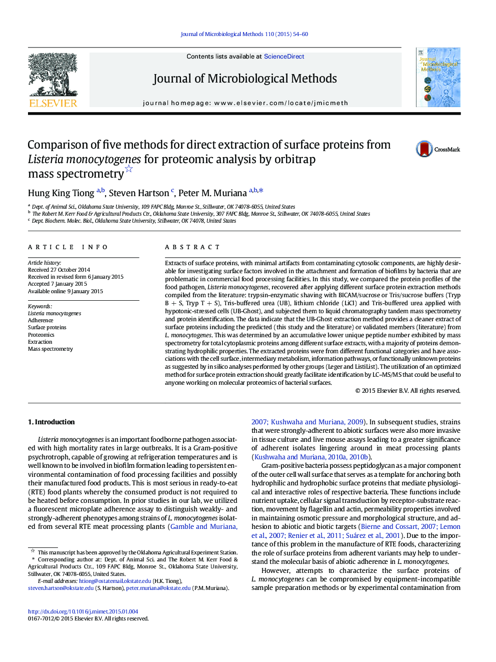 Comparison of five methods for direct extraction of surface proteins from Listeria monocytogenes for proteomic analysis by orbitrap mass spectrometry 