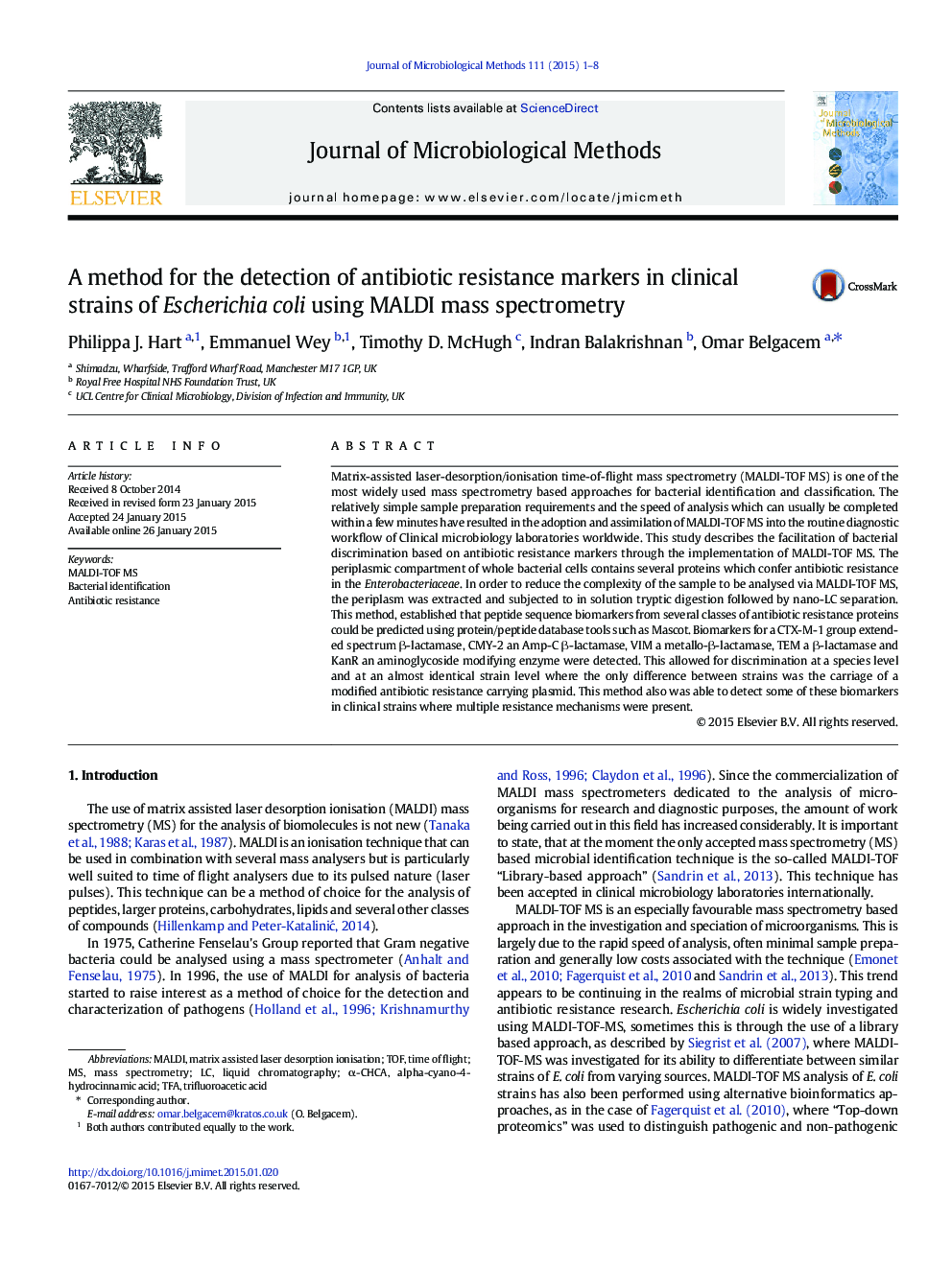 A method for the detection of antibiotic resistance markers in clinical strains of Escherichia coli using MALDI mass spectrometry