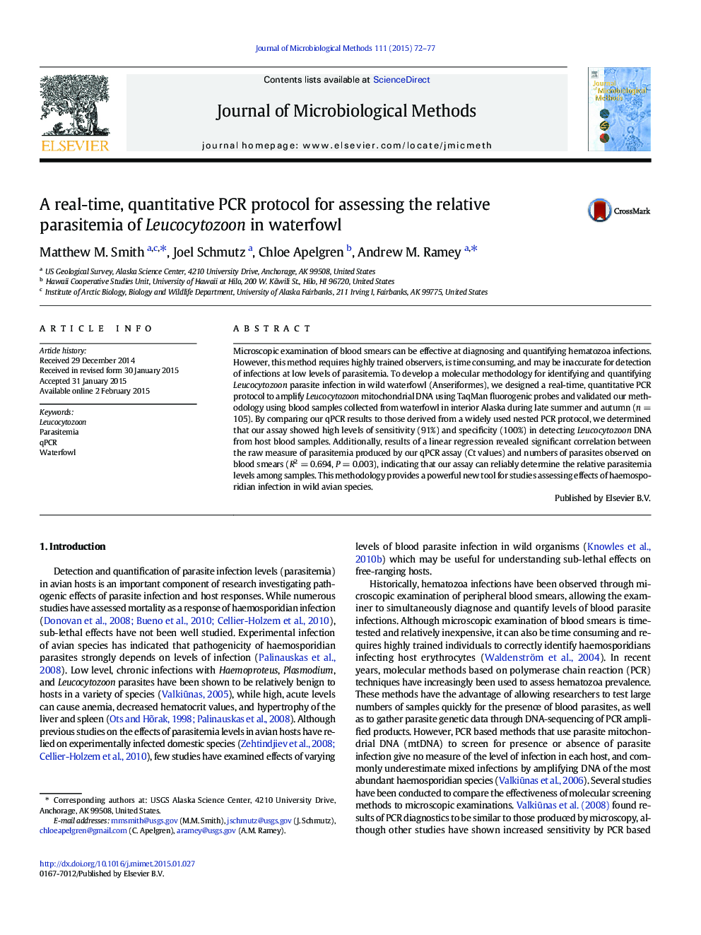 A real-time, quantitative PCR protocol for assessing the relative parasitemia of Leucocytozoon in waterfowl