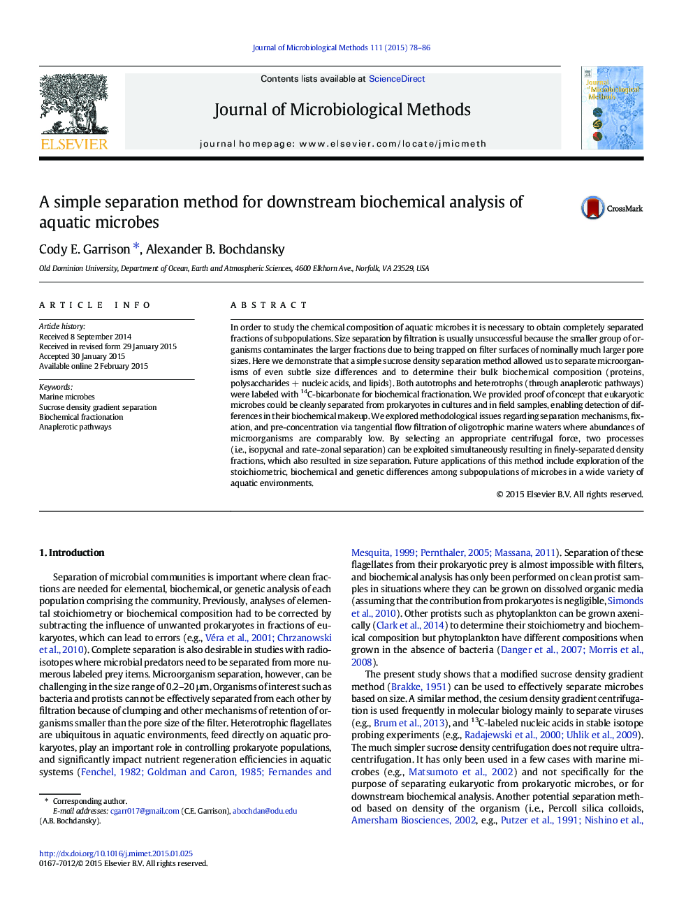 A simple separation method for downstream biochemical analysis of aquatic microbes