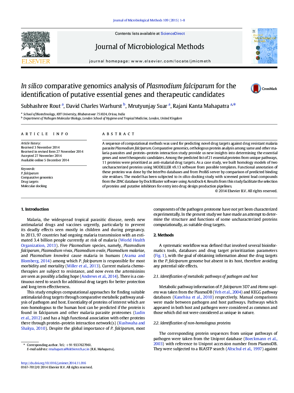 در تجزیه و تحلیل ژنتیک مقایسه سیلیکون پلاسمودیوم فالسیپاروم برای شناسایی ژن های ضروری و کاندیداهای درمانی 
