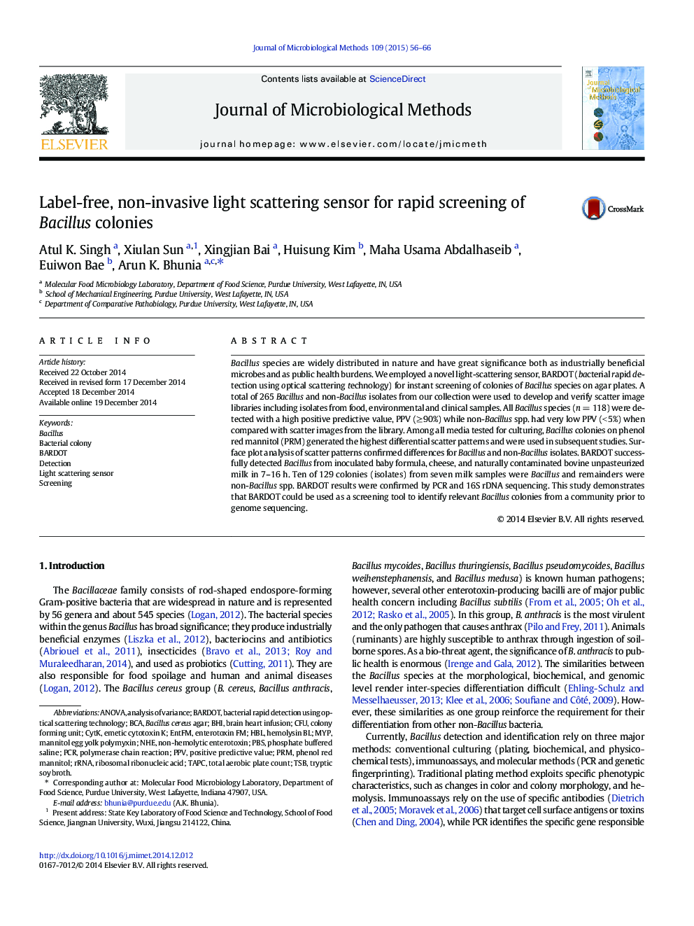 Label-free, non-invasive light scattering sensor for rapid screening of Bacillus colonies