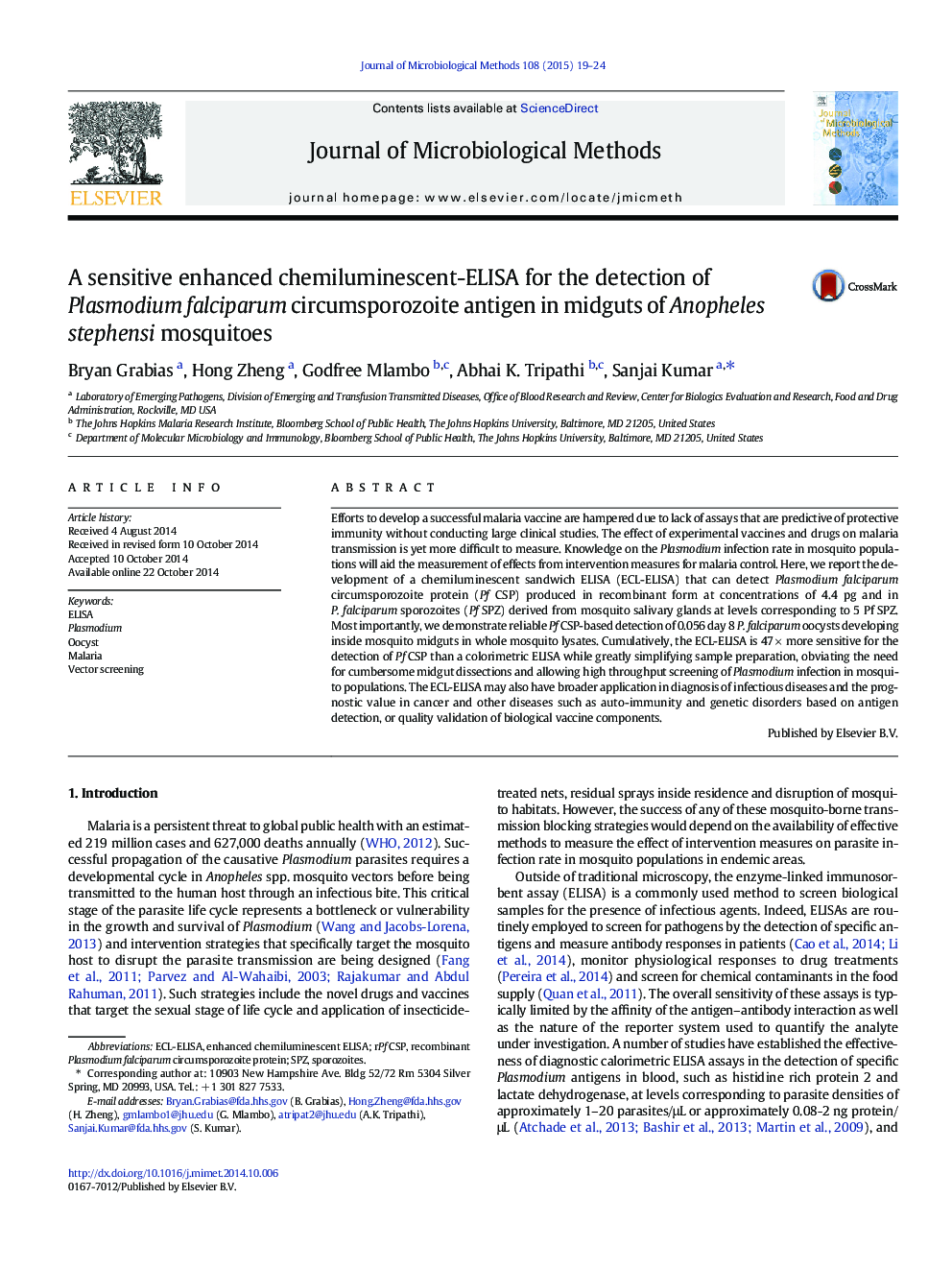 A sensitive enhanced chemiluminescent-ELISA for the detection of Plasmodium falciparum circumsporozoite antigen in midguts of Anopheles stephensi mosquitoes