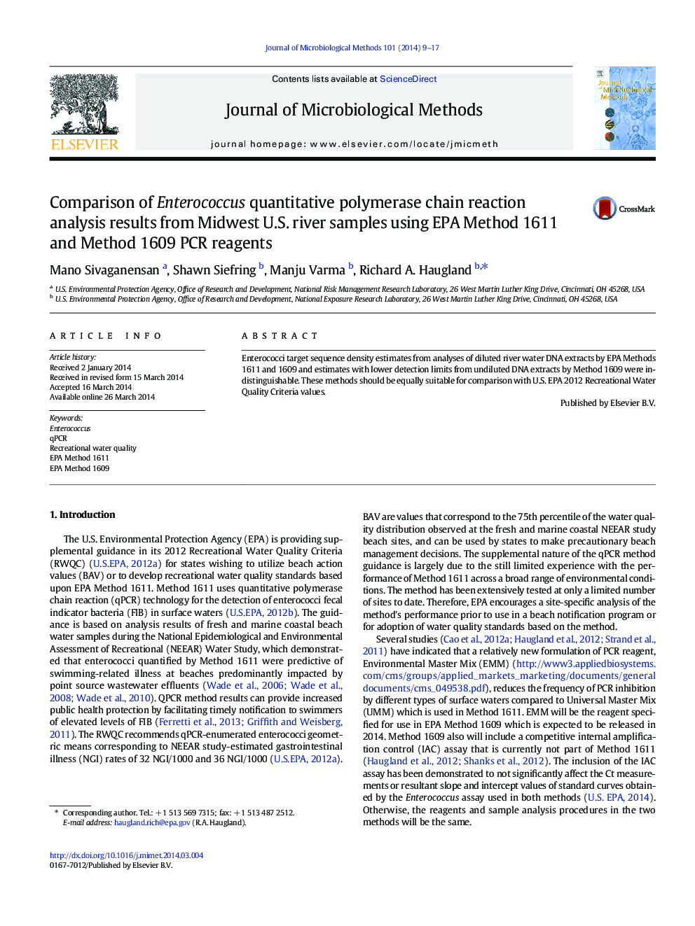 Comparison of Enterococcus quantitative polymerase chain reaction analysis results from Midwest U.S. river samples using EPA Method 1611 and Method 1609 PCR reagents