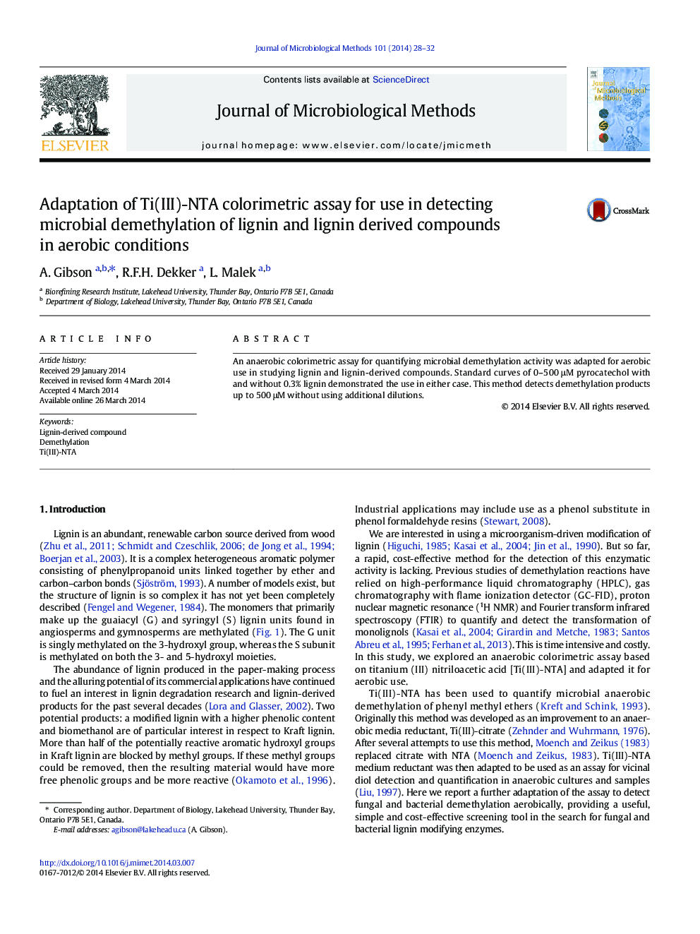 Adaptation of Ti(III)-NTA colorimetric assay for use in detecting microbial demethylation of lignin and lignin derived compounds in aerobic conditions