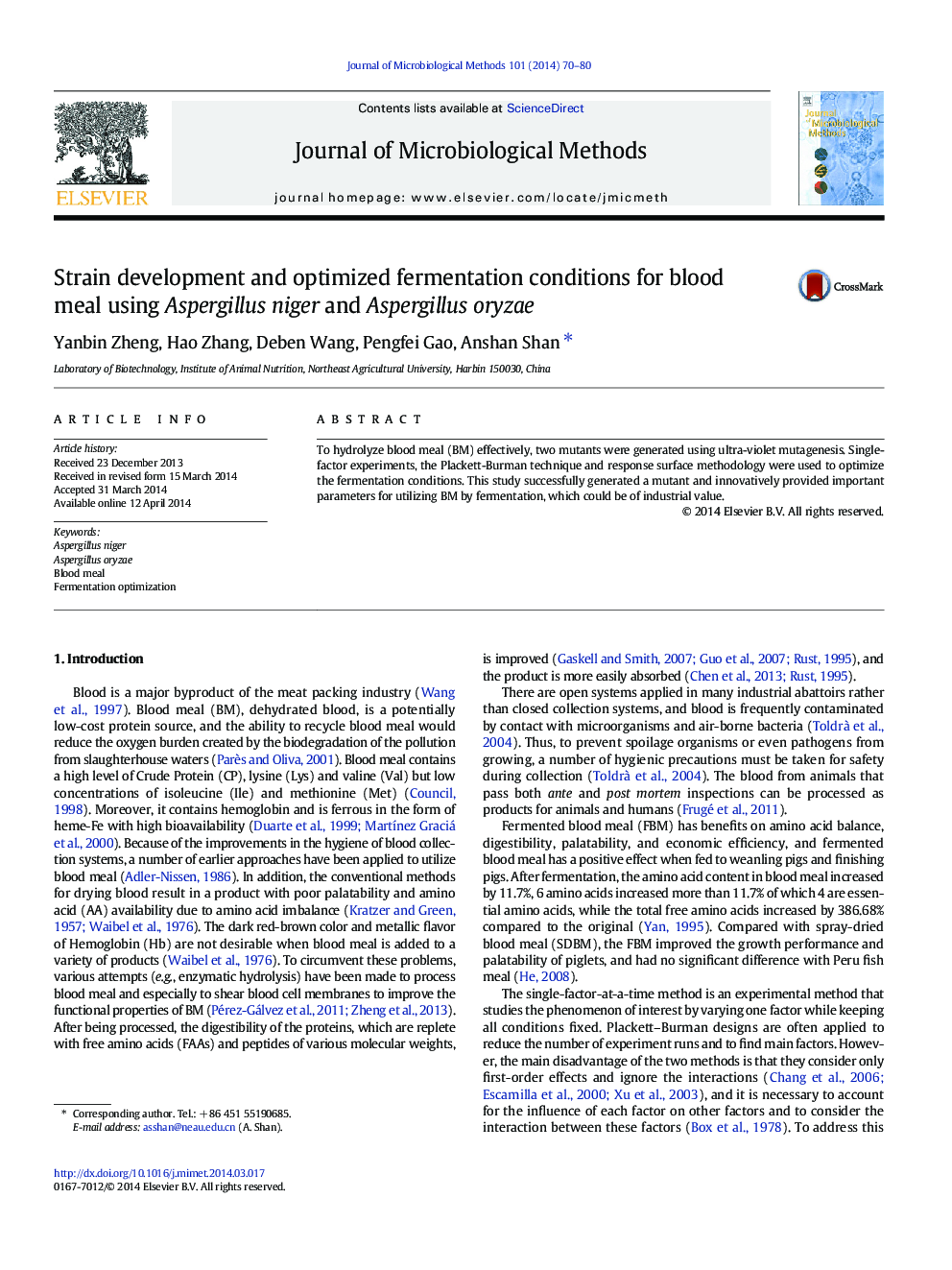 Strain development and optimized fermentation conditions for blood meal using Aspergillus niger and Aspergillus oryzae