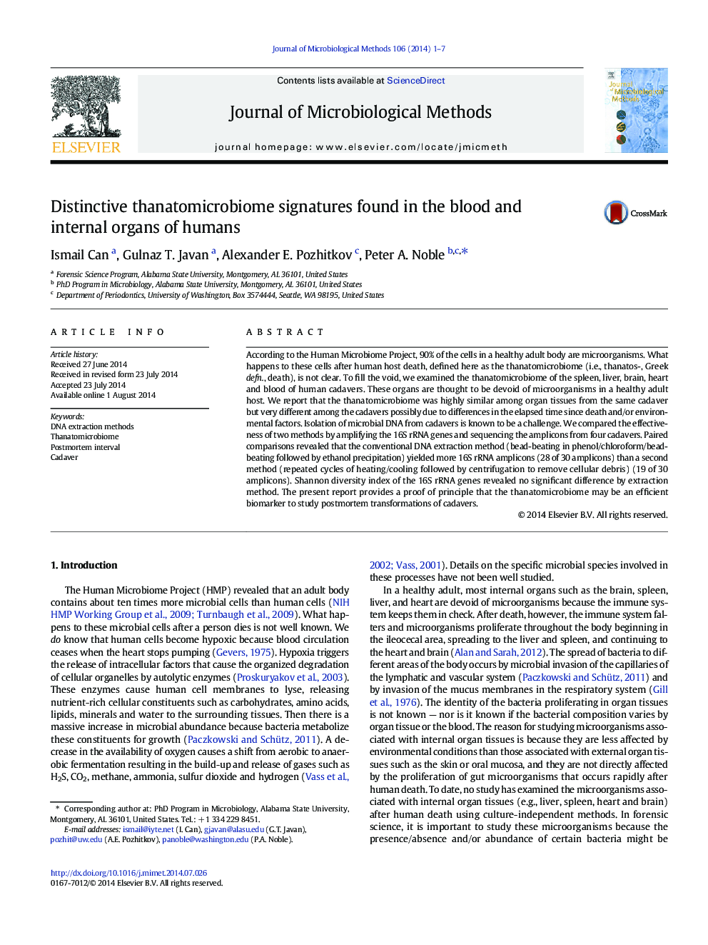 Distinctive thanatomicrobiome signatures found in the blood and internal organs of humans