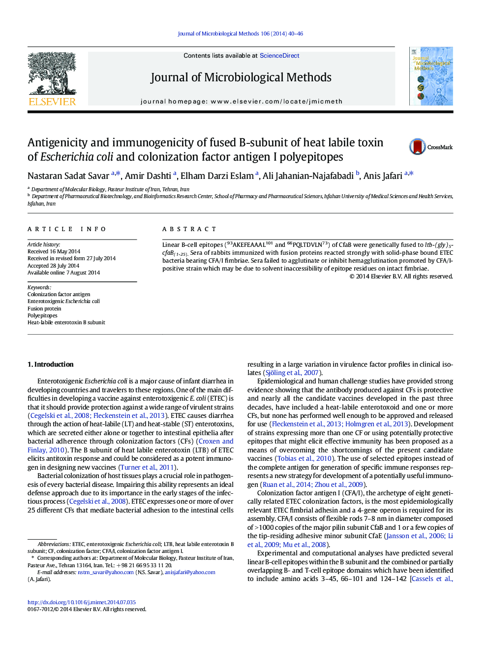 Antigenicity and immunogenicity of fused B-subunit of heat labile toxin of Escherichia coli and colonization factor antigen I polyepitopes