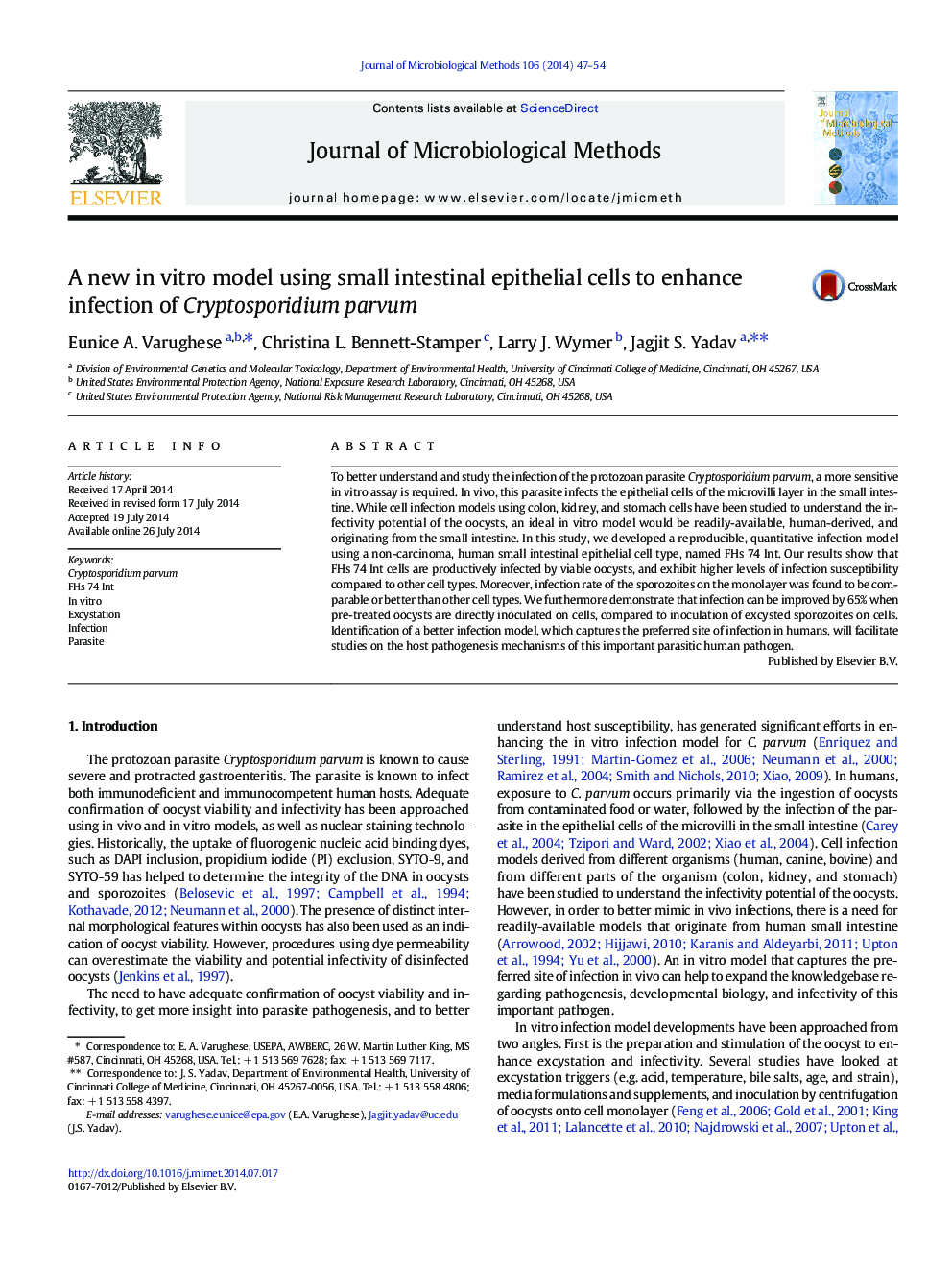 A new in vitro model using small intestinal epithelial cells to enhance infection of Cryptosporidium parvum