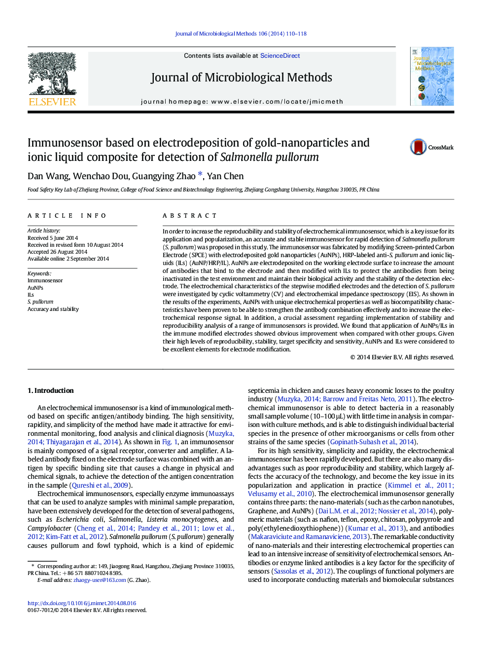 Immunosensor based on electrodeposition of gold-nanoparticles and ionic liquid composite for detection of Salmonella pullorum