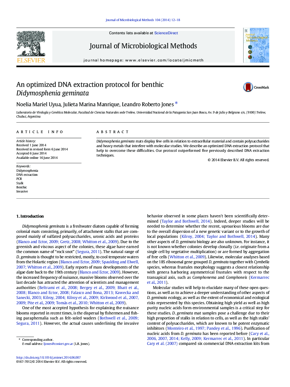 An optimized DNA extraction protocol for benthic Didymosphenia geminata