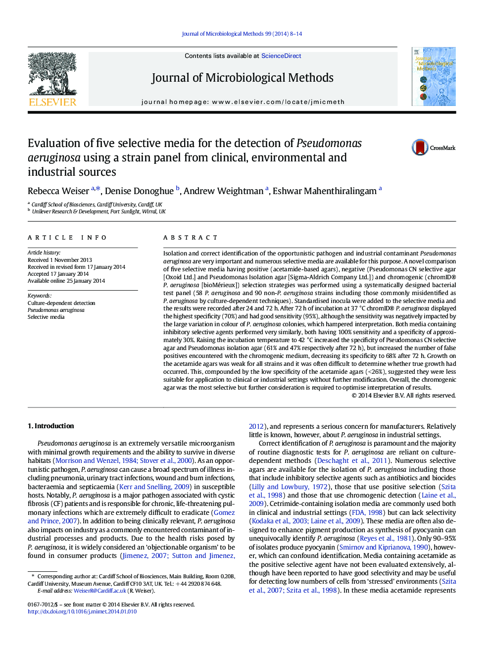 Evaluation of five selective media for the detection of Pseudomonas aeruginosa using a strain panel from clinical, environmental and industrial sources