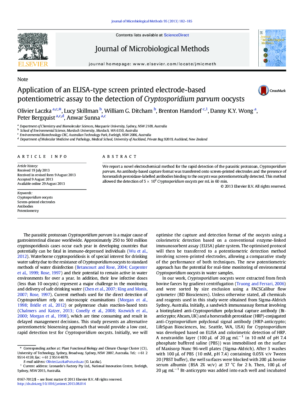 Application of an ELISA-type screen printed electrode-based potentiometric assay to the detection of Cryptosporidium parvum oocysts