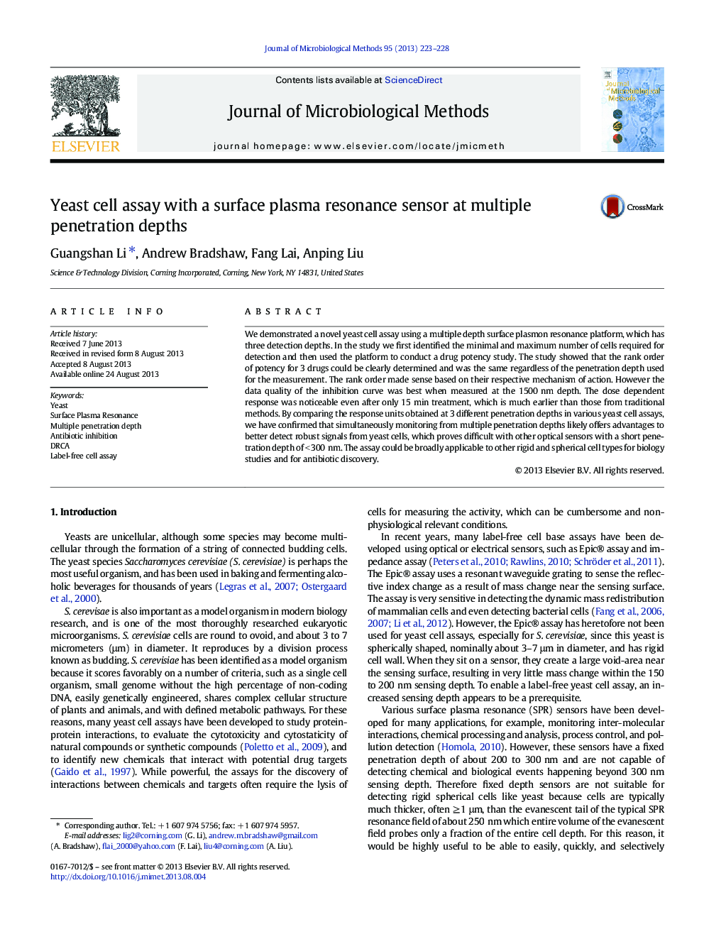 Yeast cell assay with a surface plasma resonance sensor at multiple penetration depths