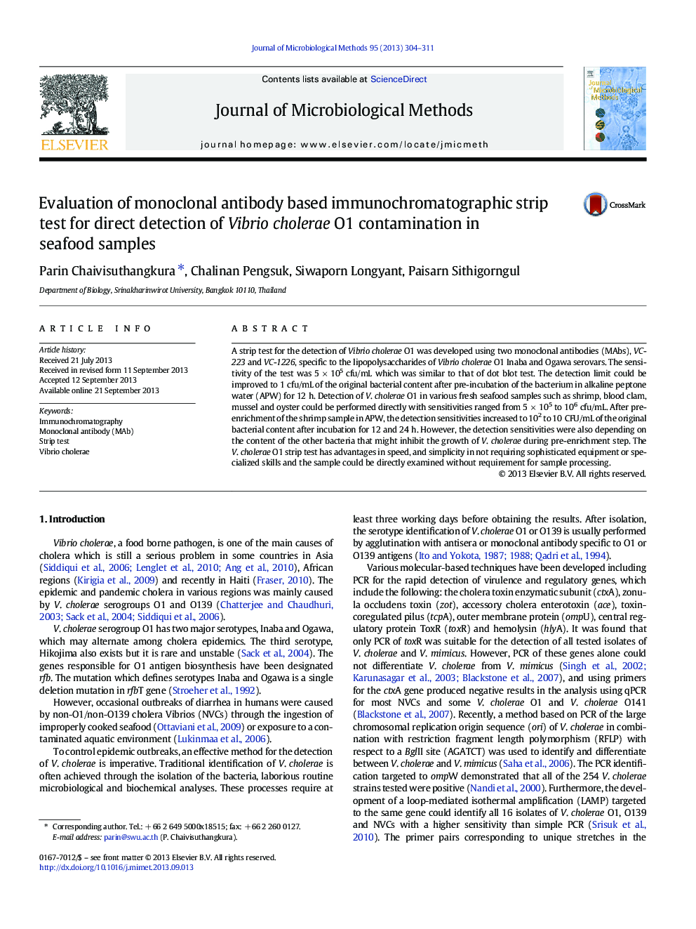 Evaluation of monoclonal antibody based immunochromatographic strip test for direct detection of Vibrio cholerae O1 contamination in seafood samples