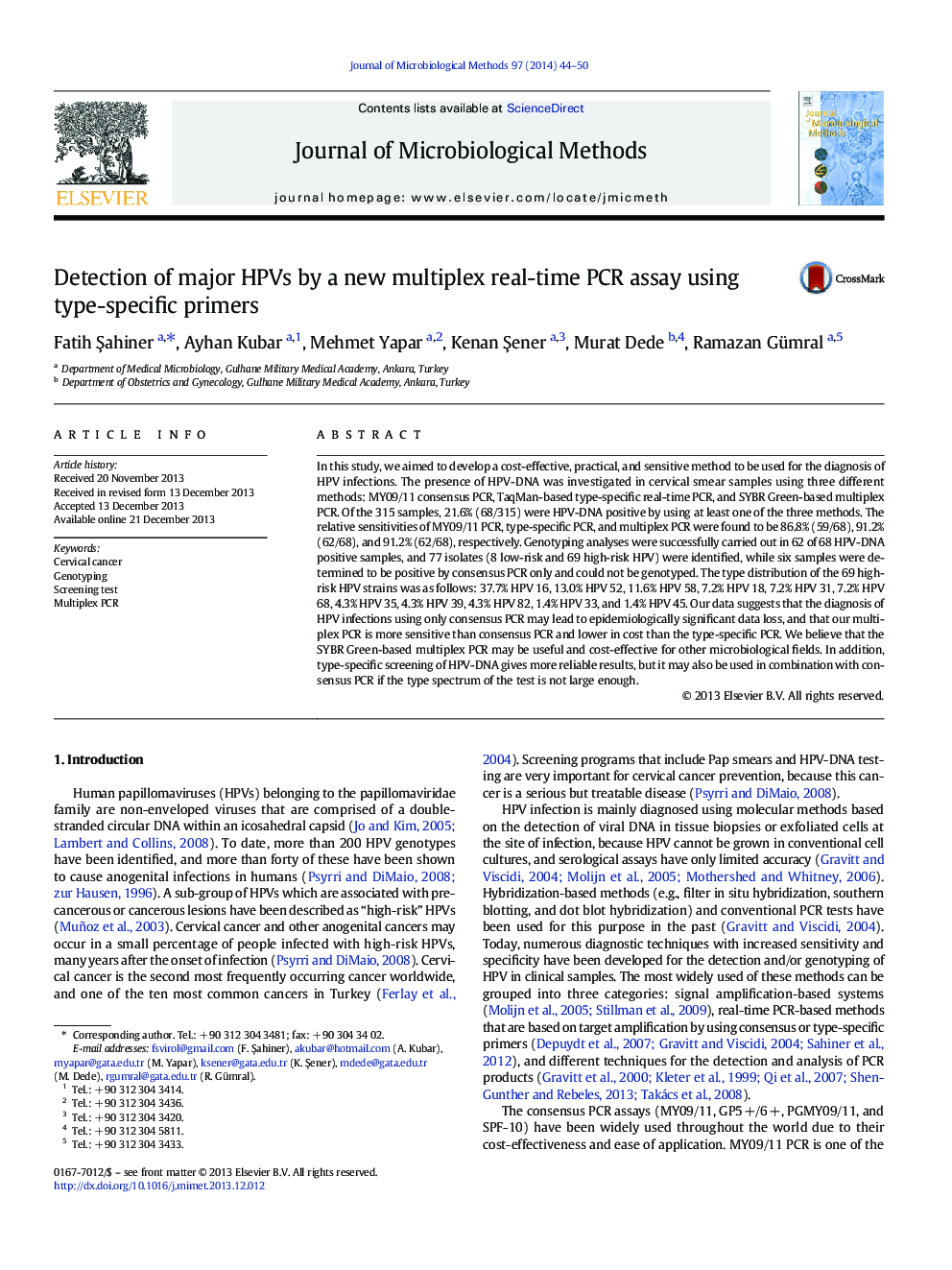 Detection of major HPVs by a new multiplex real-time PCR assay using type-specific primers