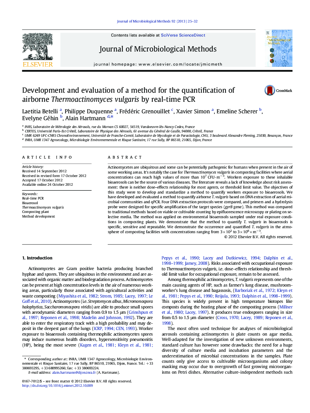 Development and evaluation of a method for the quantification of airborne Thermoactinomyces vulgaris by real-time PCR