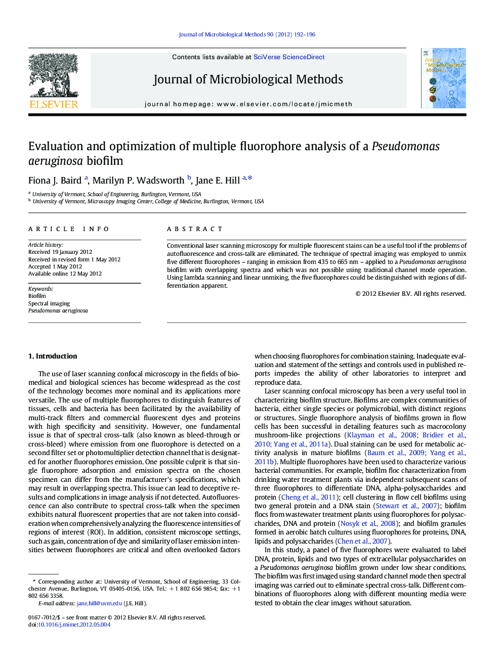 Evaluation and optimization of multiple fluorophore analysis of a Pseudomonas aeruginosa biofilm