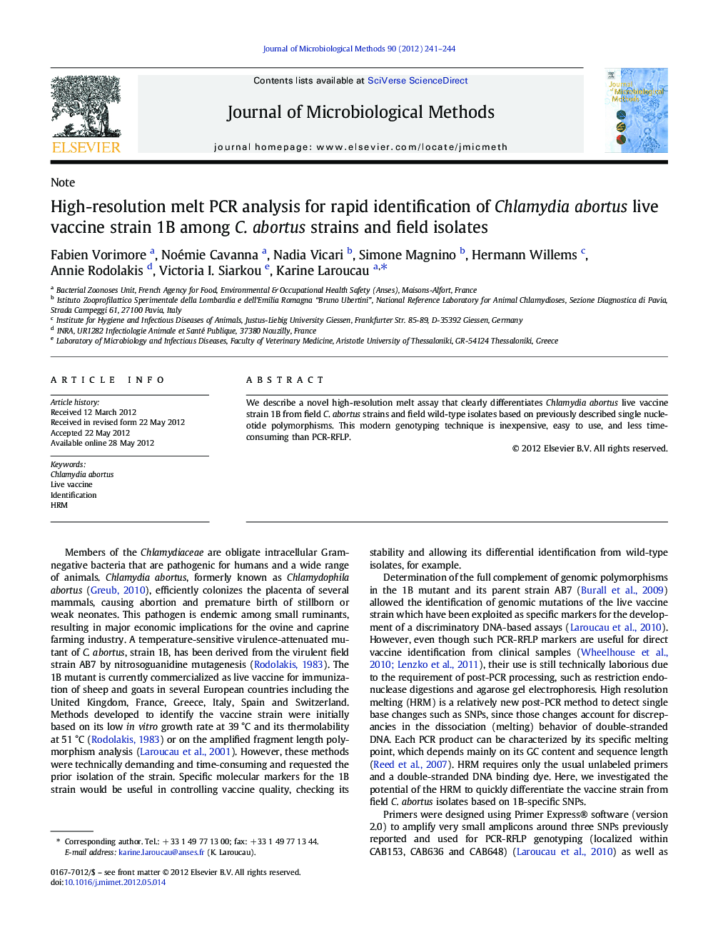 High-resolution melt PCR analysis for rapid identification of Chlamydia abortus live vaccine strain 1B among C. abortus strains and field isolates