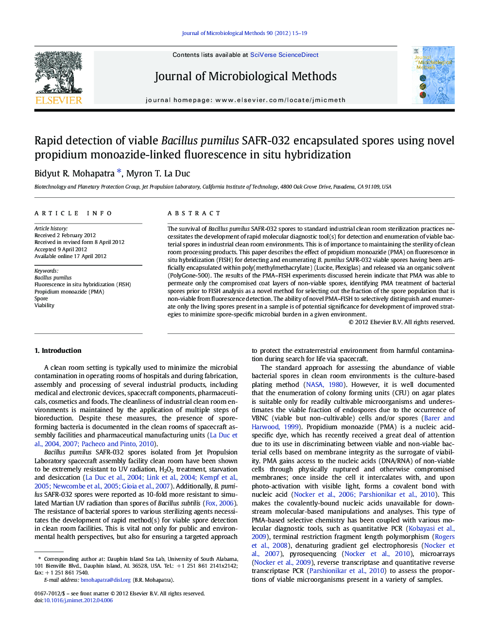 Rapid detection of viable Bacillus pumilus SAFR-032 encapsulated spores using novel propidium monoazide-linked fluorescence in situ hybridization