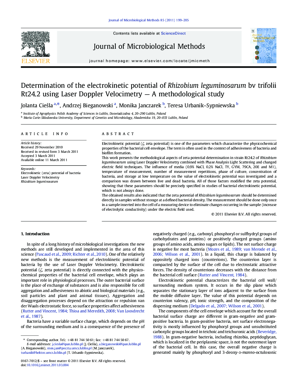 Determination of the electrokinetic potential of Rhizobium leguminosarum bv trifolii Rt24.2 using Laser Doppler Velocimetry - A methodological study
