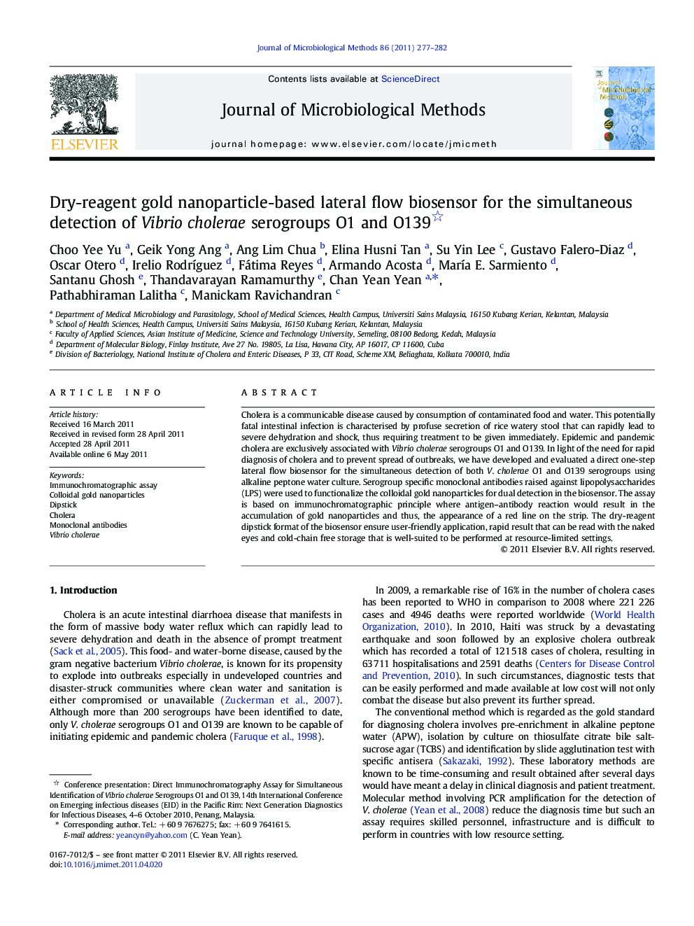 Dry-reagent gold nanoparticle-based lateral flow biosensor for the simultaneous detection of Vibrio cholerae serogroups O1 and O139 