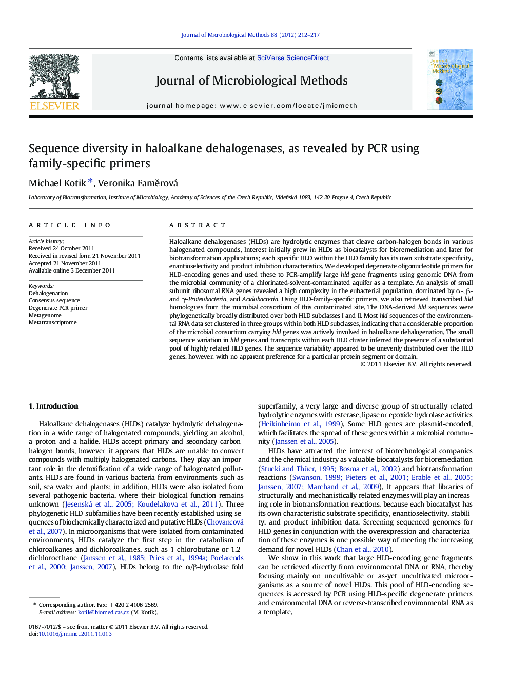 Sequence diversity in haloalkane dehalogenases, as revealed by PCR using family-specific primers