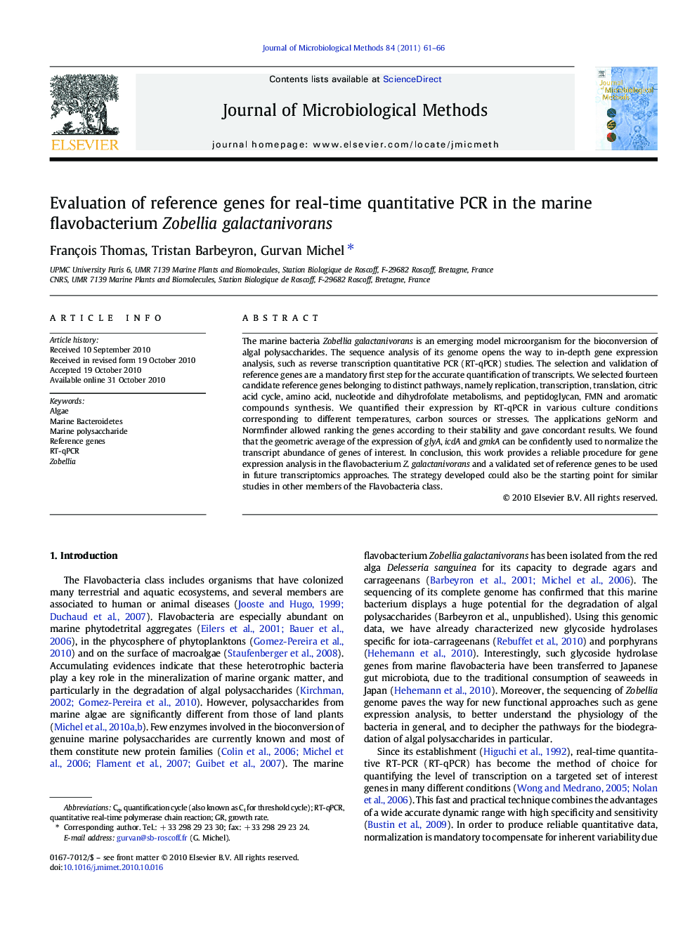 Evaluation of reference genes for real-time quantitative PCR in the marine flavobacterium Zobellia galactanivorans