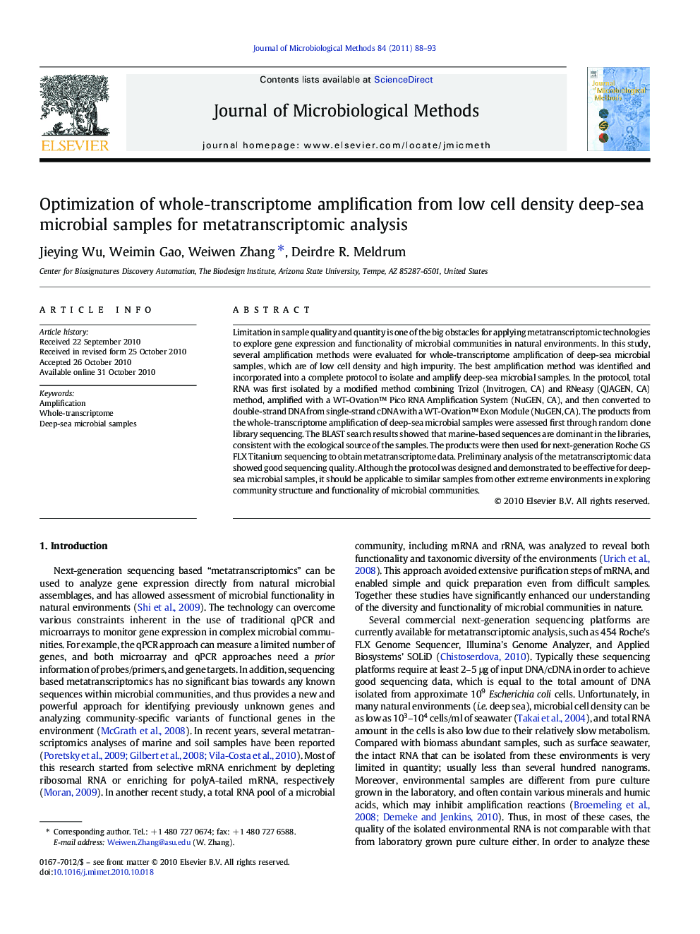 Optimization of whole-transcriptome amplification from low cell density deep-sea microbial samples for metatranscriptomic analysis