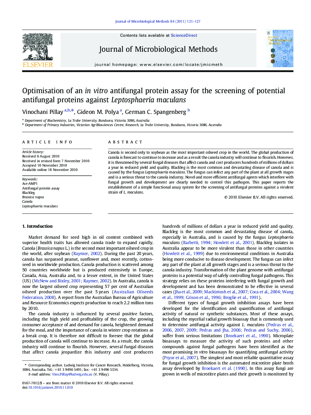 Optimisation of an in vitro antifungal protein assay for the screening of potential antifungal proteins against Leptosphaeria maculans