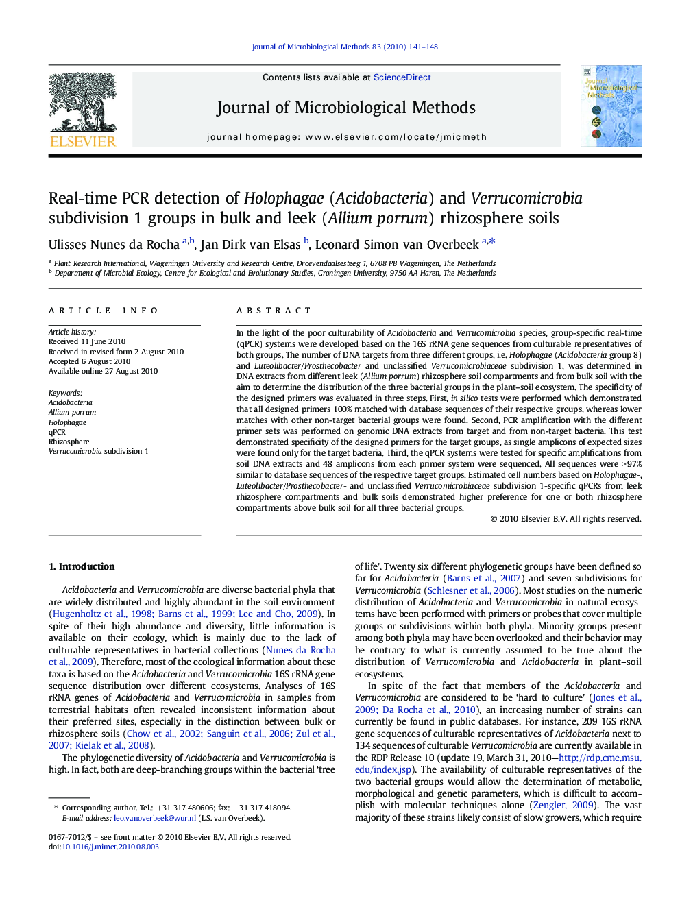 Real-time PCR detection of Holophagae (Acidobacteria) and Verrucomicrobia subdivision 1 groups in bulk and leek (Allium porrum) rhizosphere soils