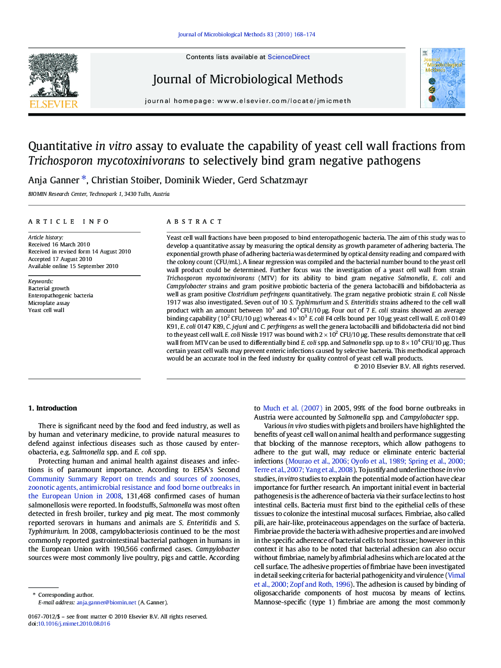 Quantitative in vitro assay to evaluate the capability of yeast cell wall fractions from Trichosporon mycotoxinivorans to selectively bind gram negative pathogens