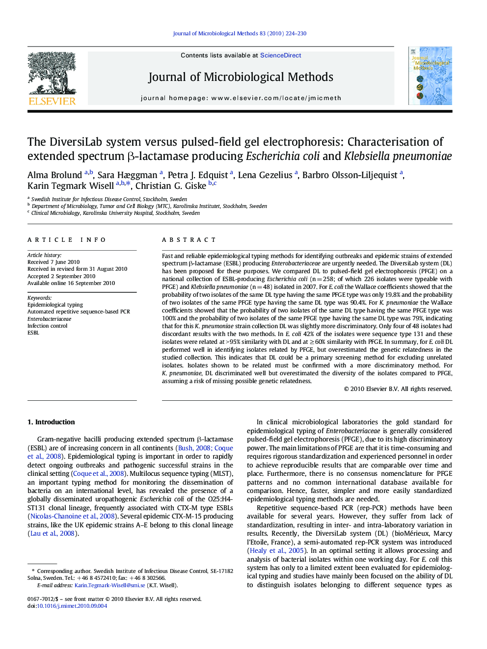 The DiversiLab system versus pulsed-field gel electrophoresis: Characterisation of extended spectrum β-lactamase producing Escherichia coli and Klebsiella pneumoniae