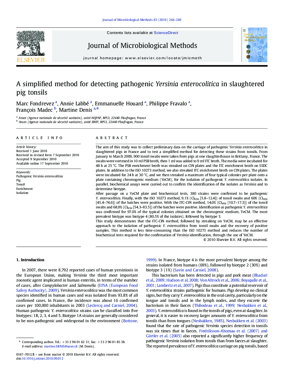 A simplified method for detecting pathogenic Yersinia enterocolitica in slaughtered pig tonsils