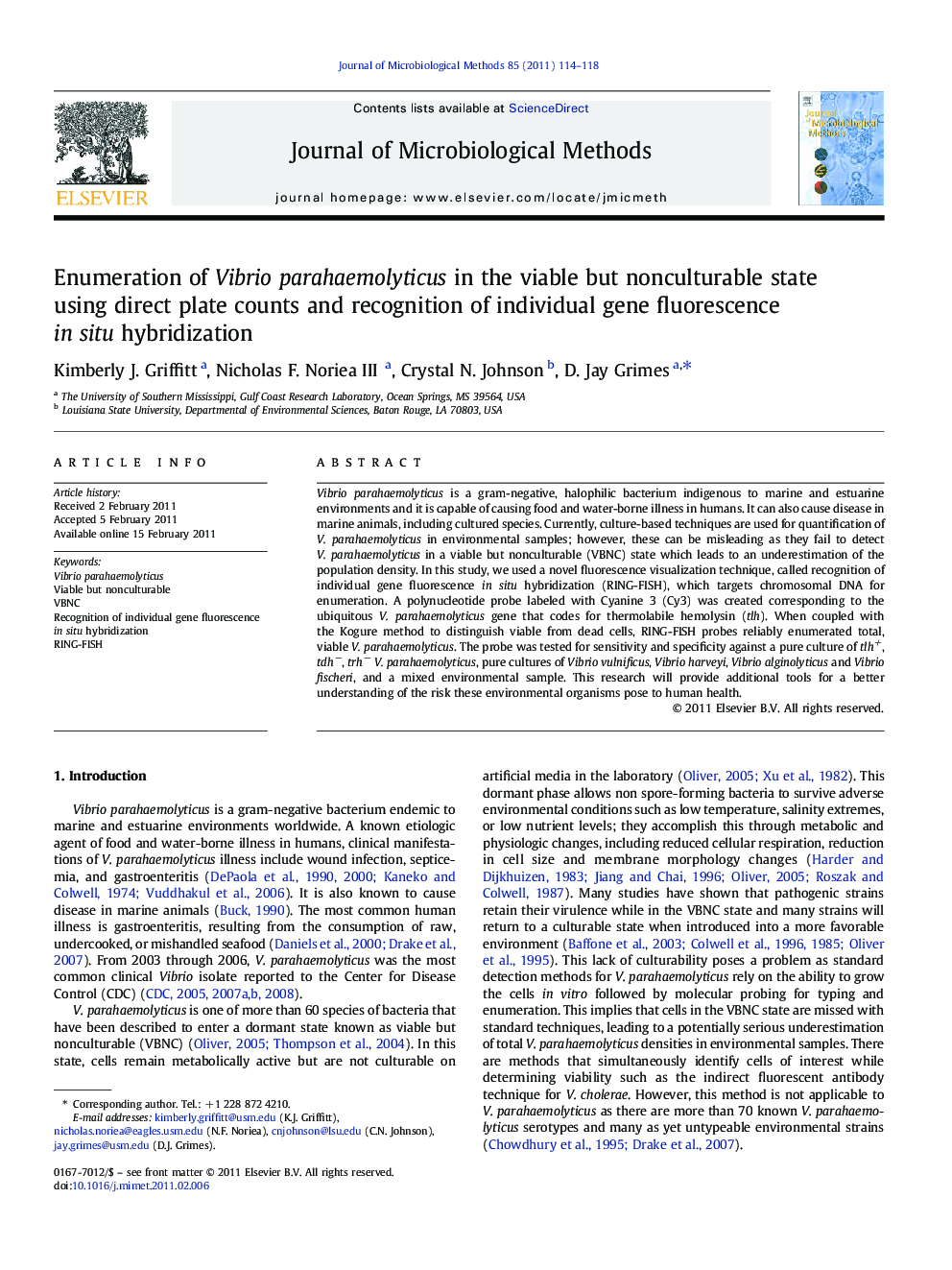 Enumeration of Vibrio parahaemolyticus in the viable but nonculturable state using direct plate counts and recognition of individual gene fluorescence in situ hybridization