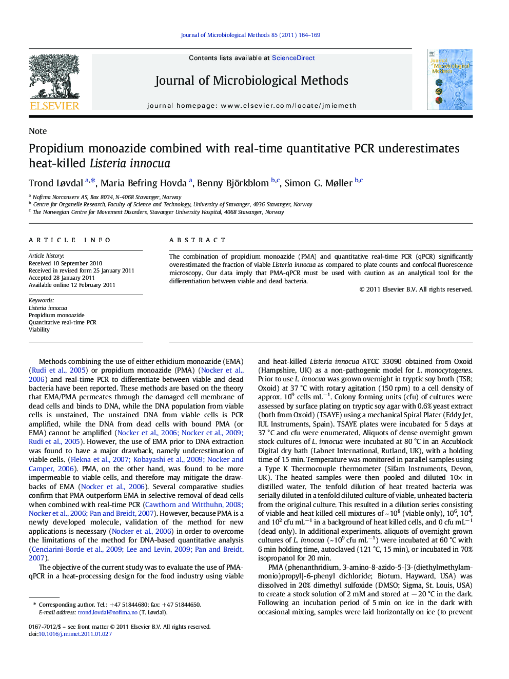 Propidium monoazide combined with real-time quantitative PCR underestimates heat-killed Listeria innocua