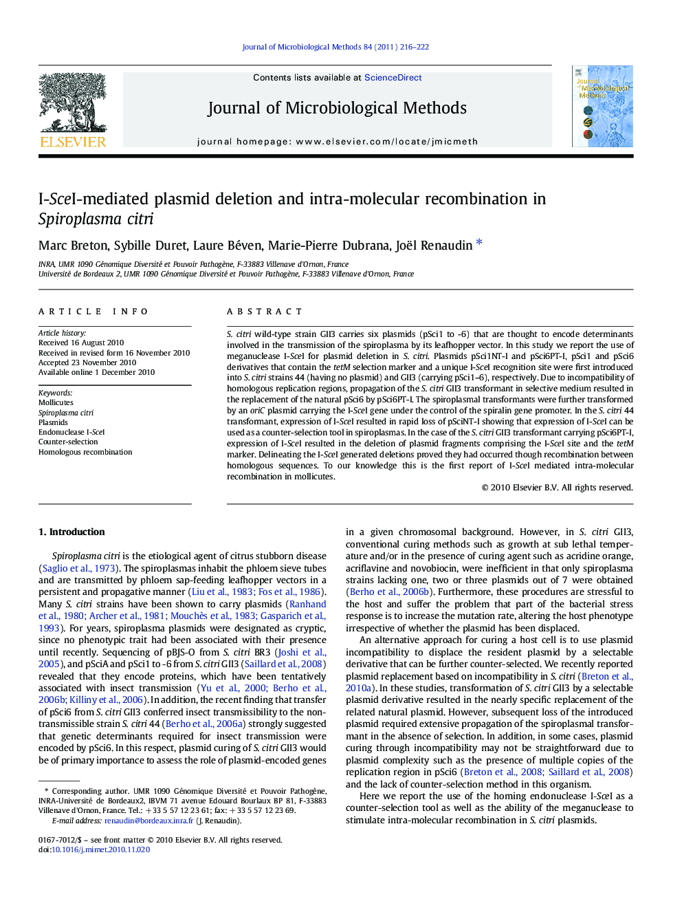 I-SceI-mediated plasmid deletion and intra-molecular recombination in Spiroplasma citri