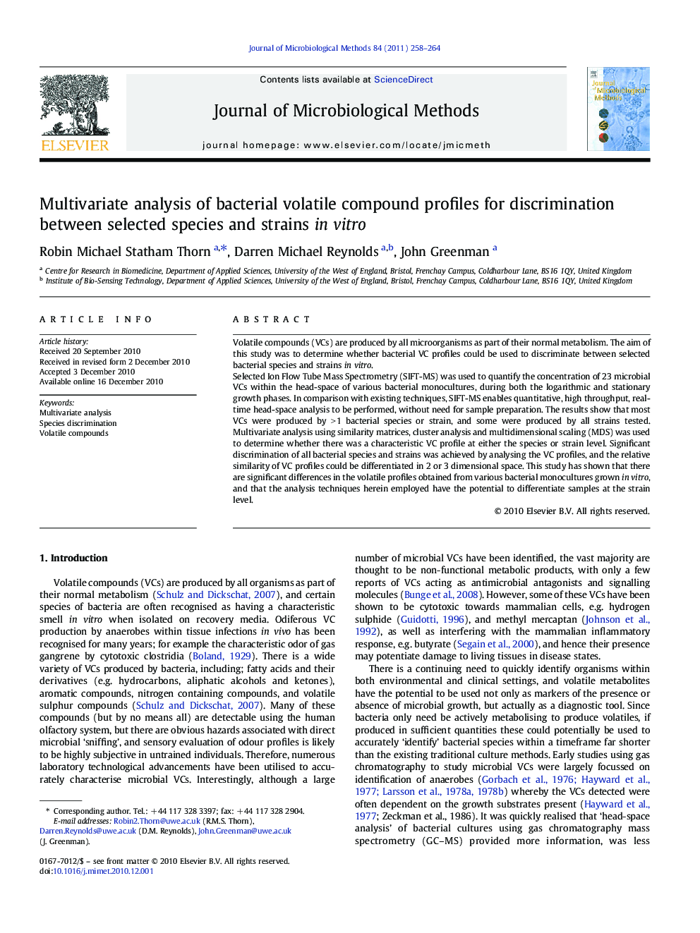 Multivariate analysis of bacterial volatile compound profiles for discrimination between selected species and strains in vitro