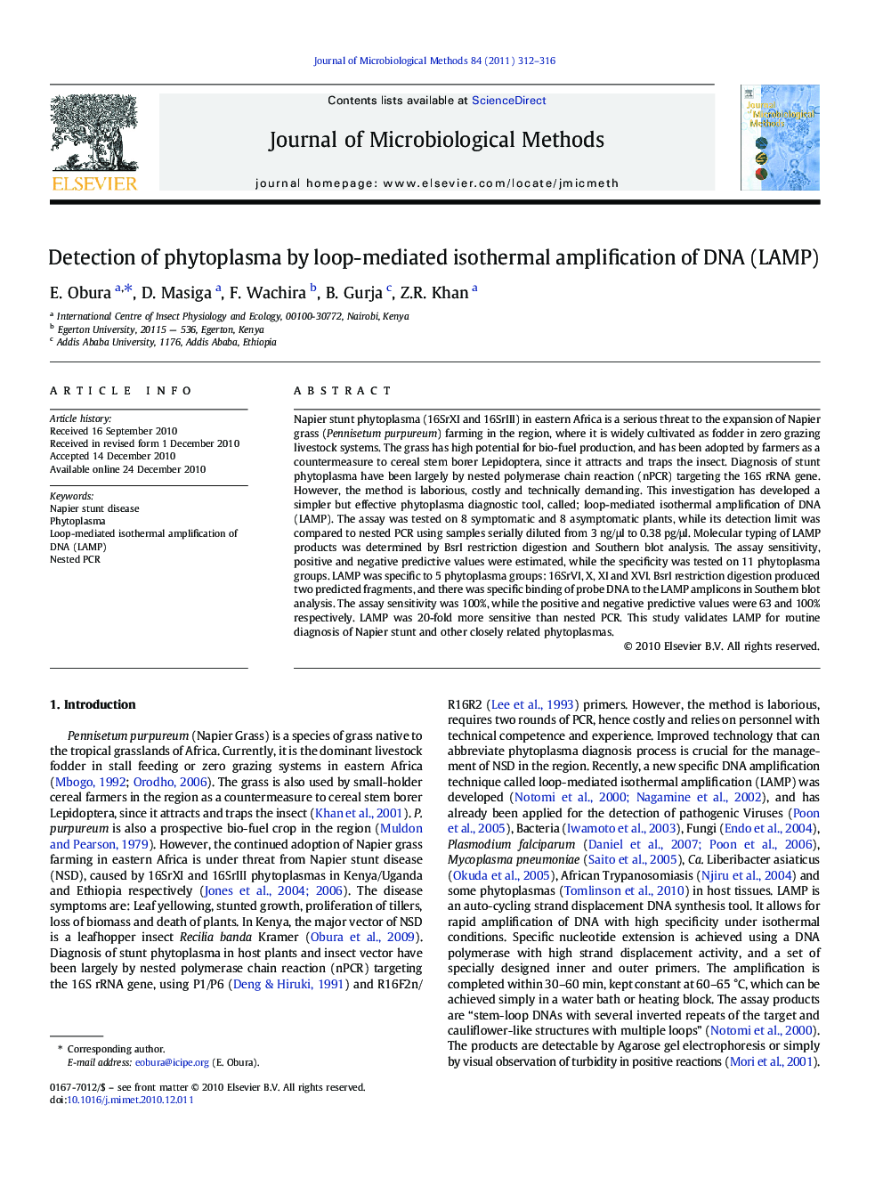 Detection of phytoplasma by loop-mediated isothermal amplification of DNA (LAMP)